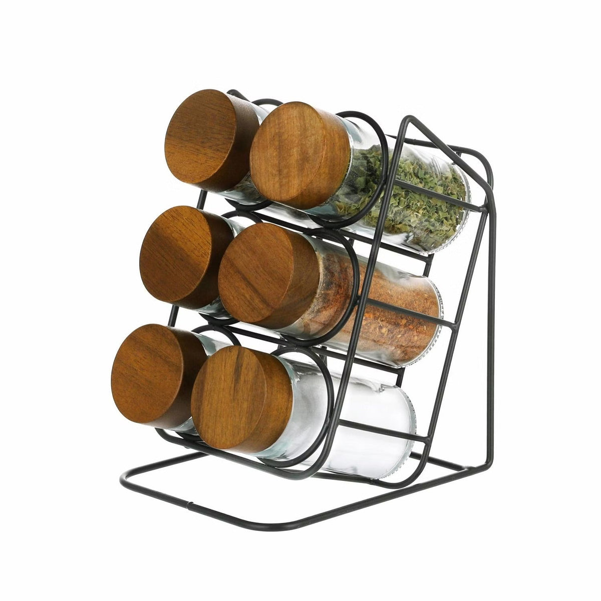 Spice Jar Set with Angled Wooden Stand – 6 Pieces