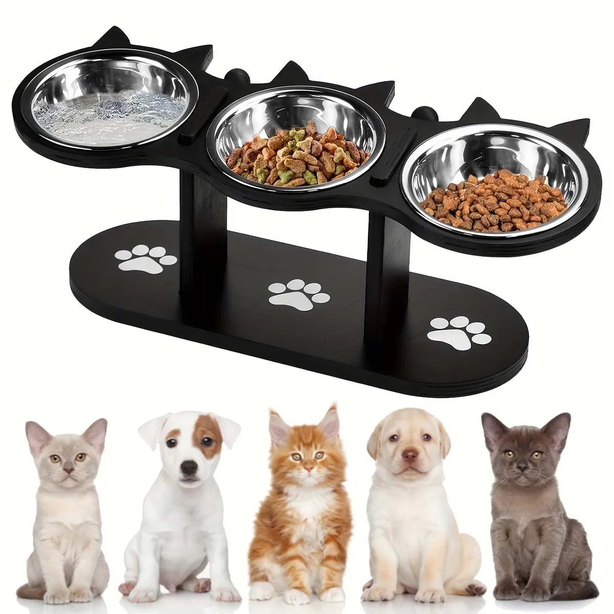 Elevated Cat Food Bowl Set – Raised Stand with 3 Stainless Steel Dishes