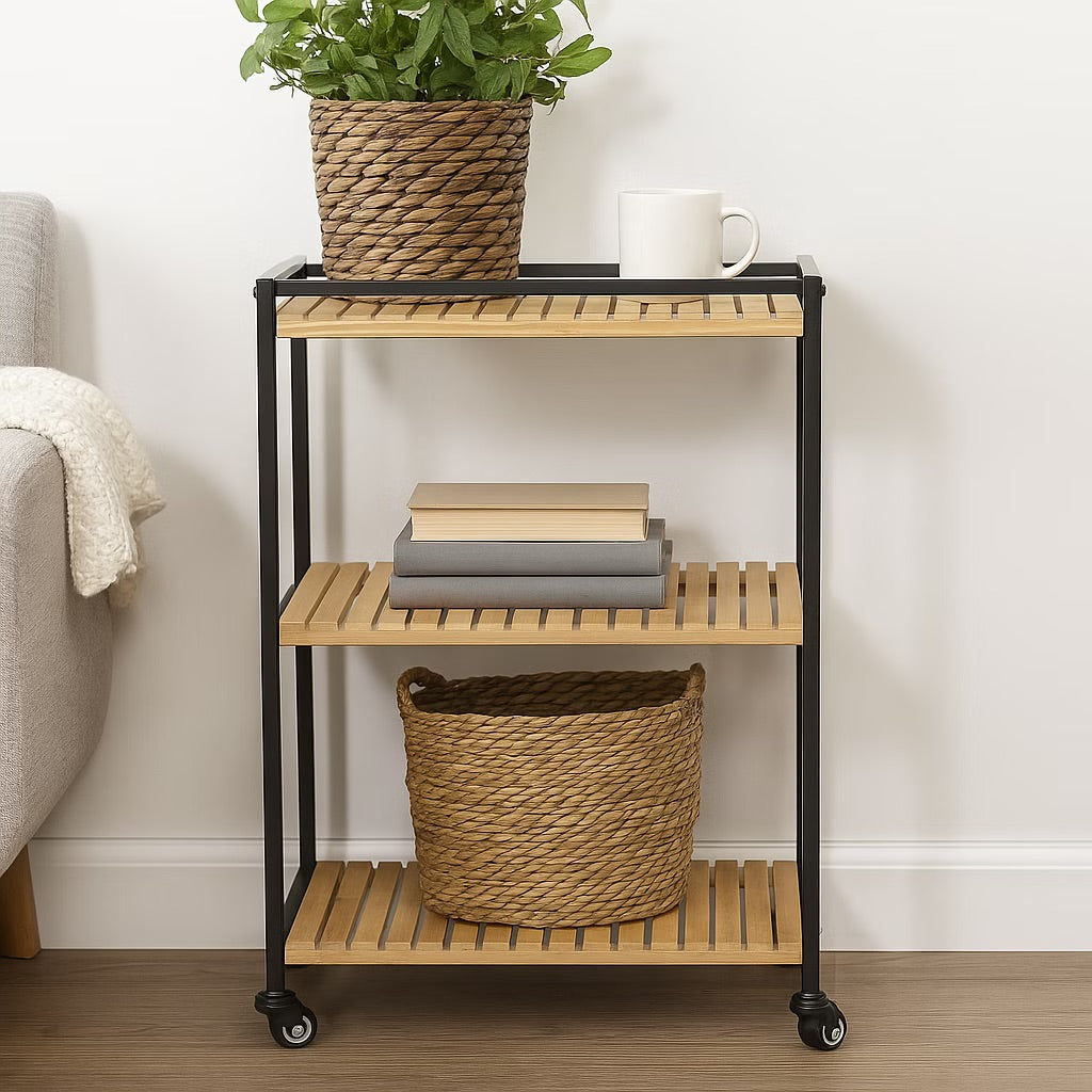 Bamboo Rolling Storage Cart with 3 Shelves