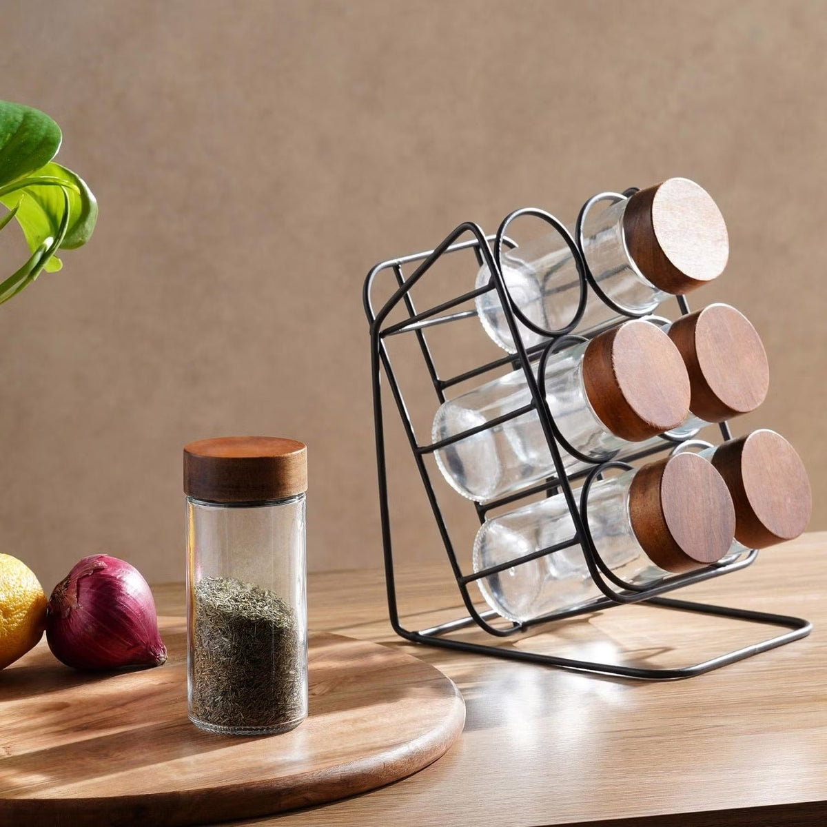 Spice Jar Set with Angled Wooden Stand – 6 Pieces