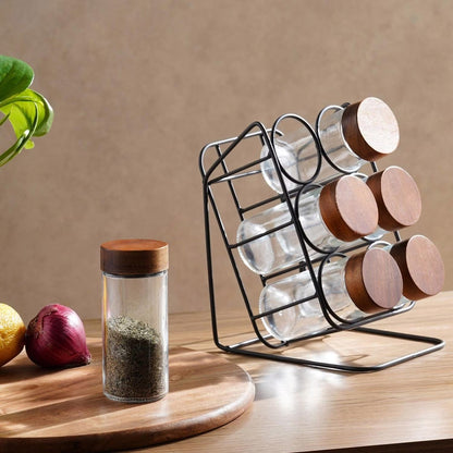 Spice Jar Set with Angled Wooden Stand – 6 Pieces