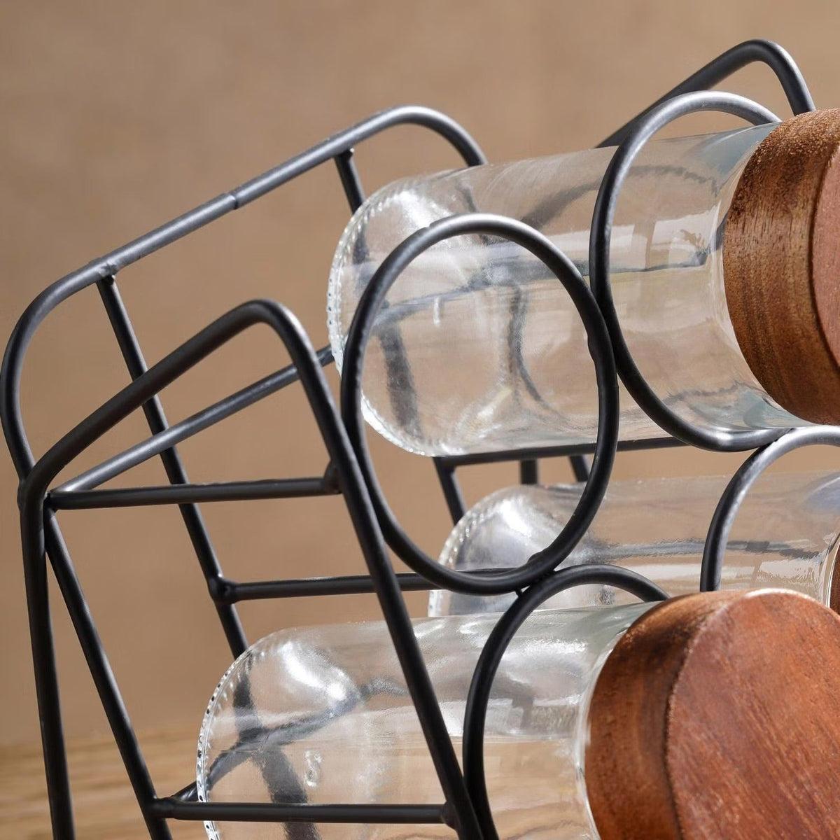 Spice Jar Set with Angled Wooden Stand – 6 Pieces
