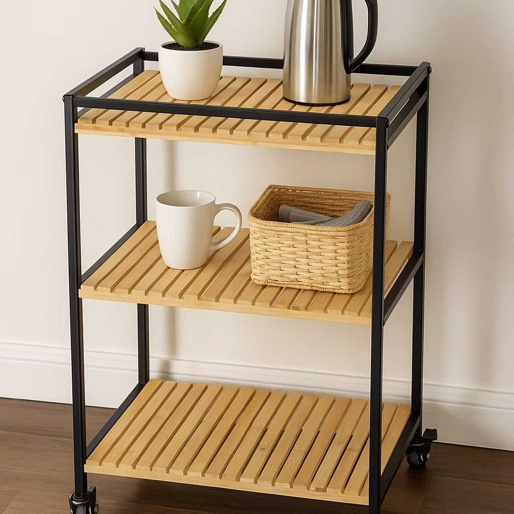 Bamboo Rolling Storage Cart with 3 Shelves