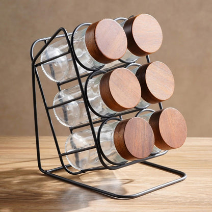 Spice Jar Set with Angled Wooden Stand – 6 Pieces