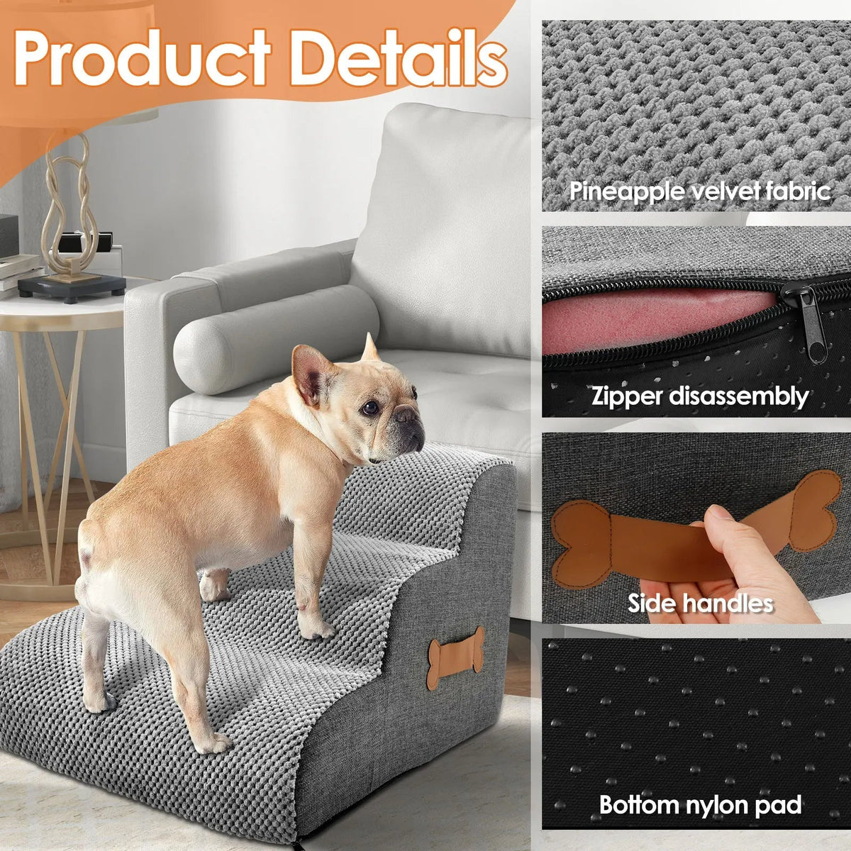 Foam Pet Stairs with Washable Cover – Gentle Incline for Dogs and Cats