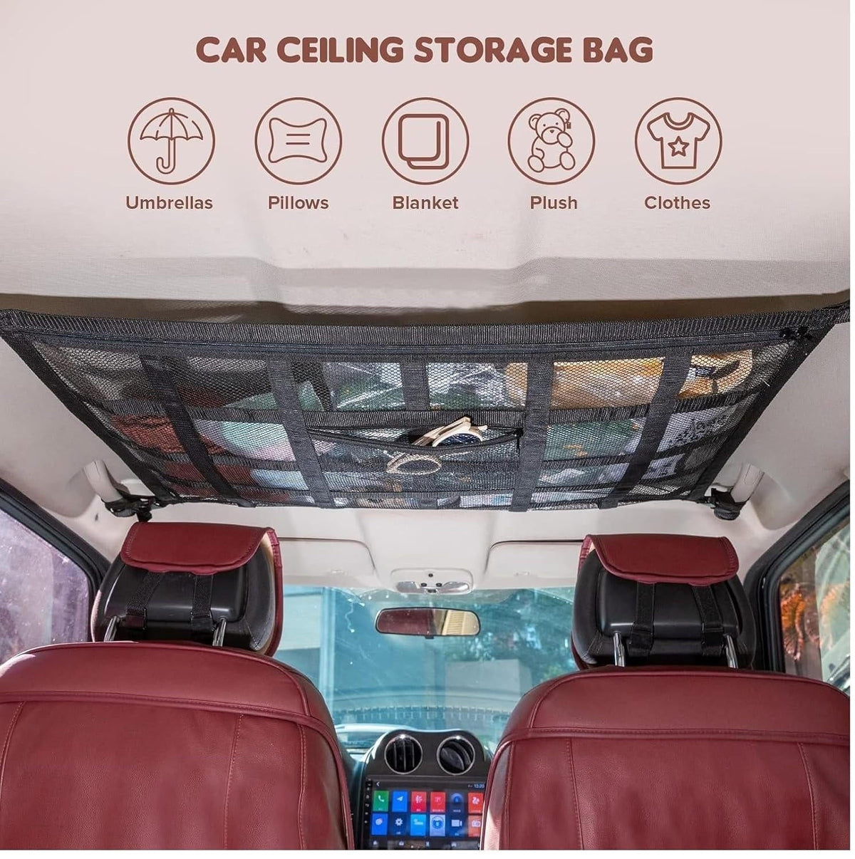 Car Ceiling Storage Net with Zipper – Overhead Cargo Organizer