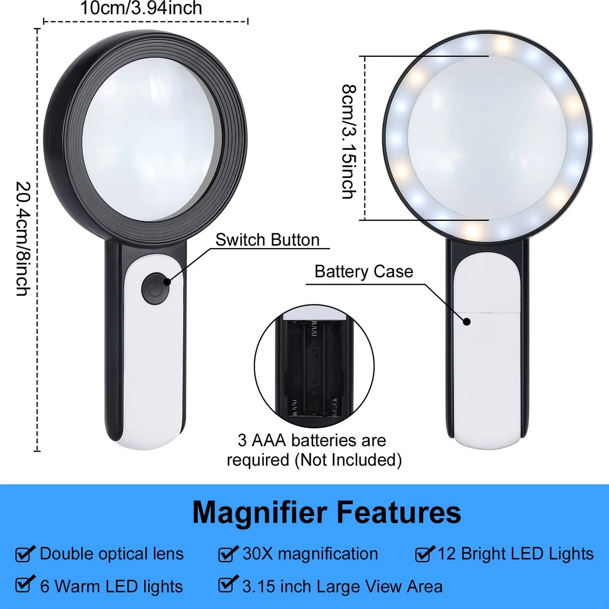 30X Handheld Magnifying Glass with LED Light