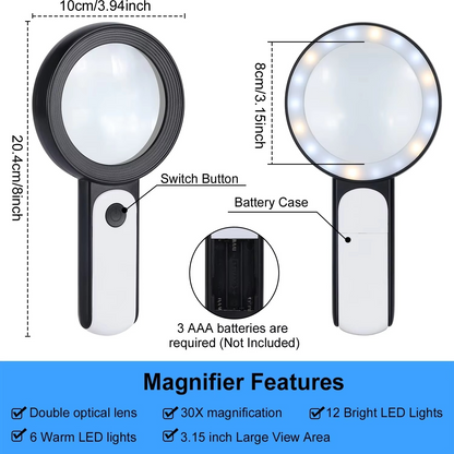 30X Handheld Magnifying Glass with LED Light