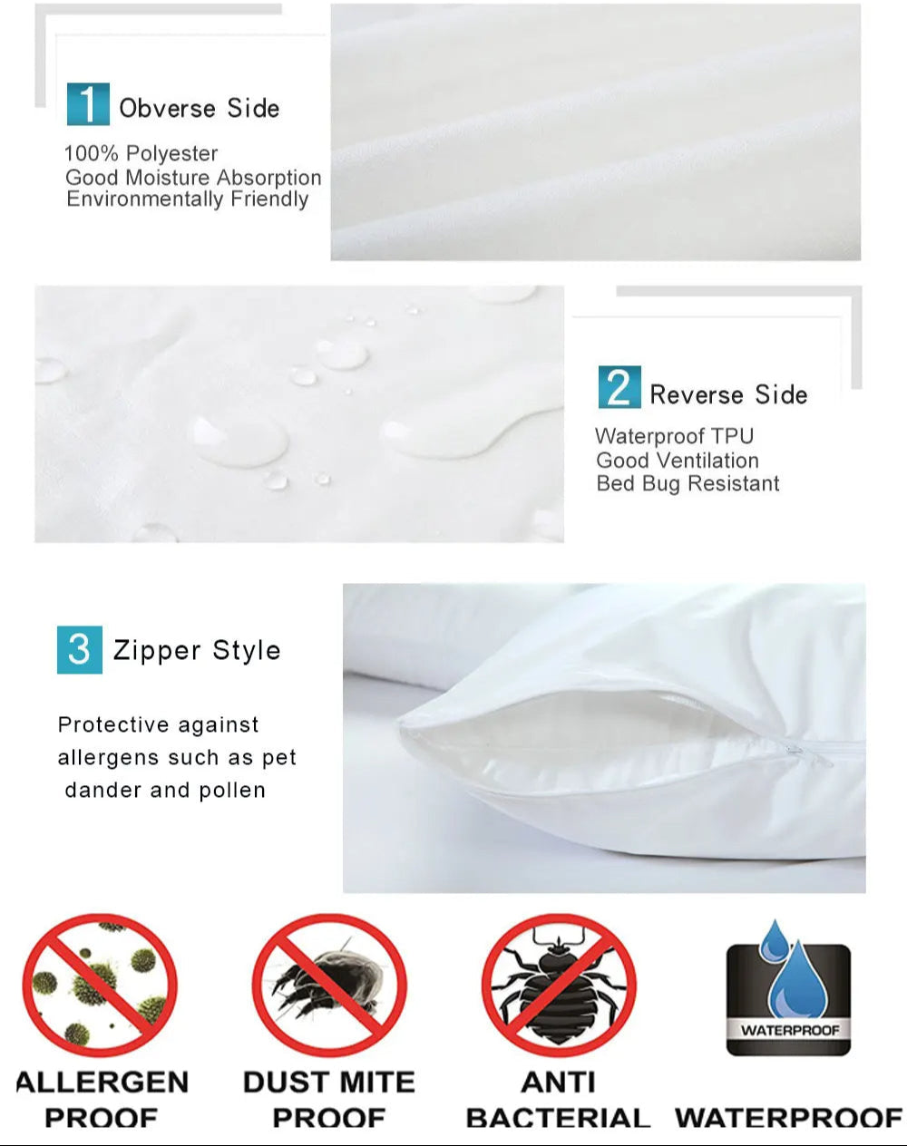 Zippered Waterproof Pillow Protector – Fully Enclosed Pillow Cover