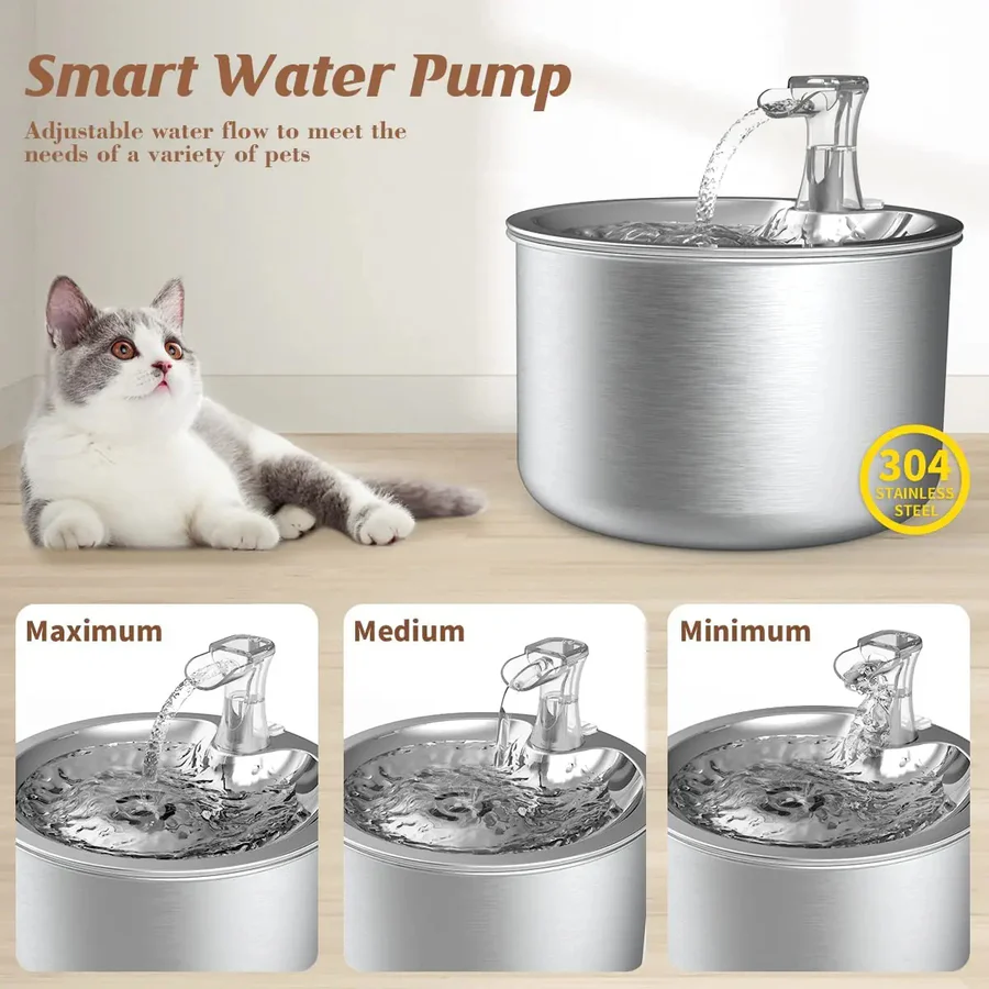 Cat Water Fountain with Stainless Steel Basin and 4-Layer Filter