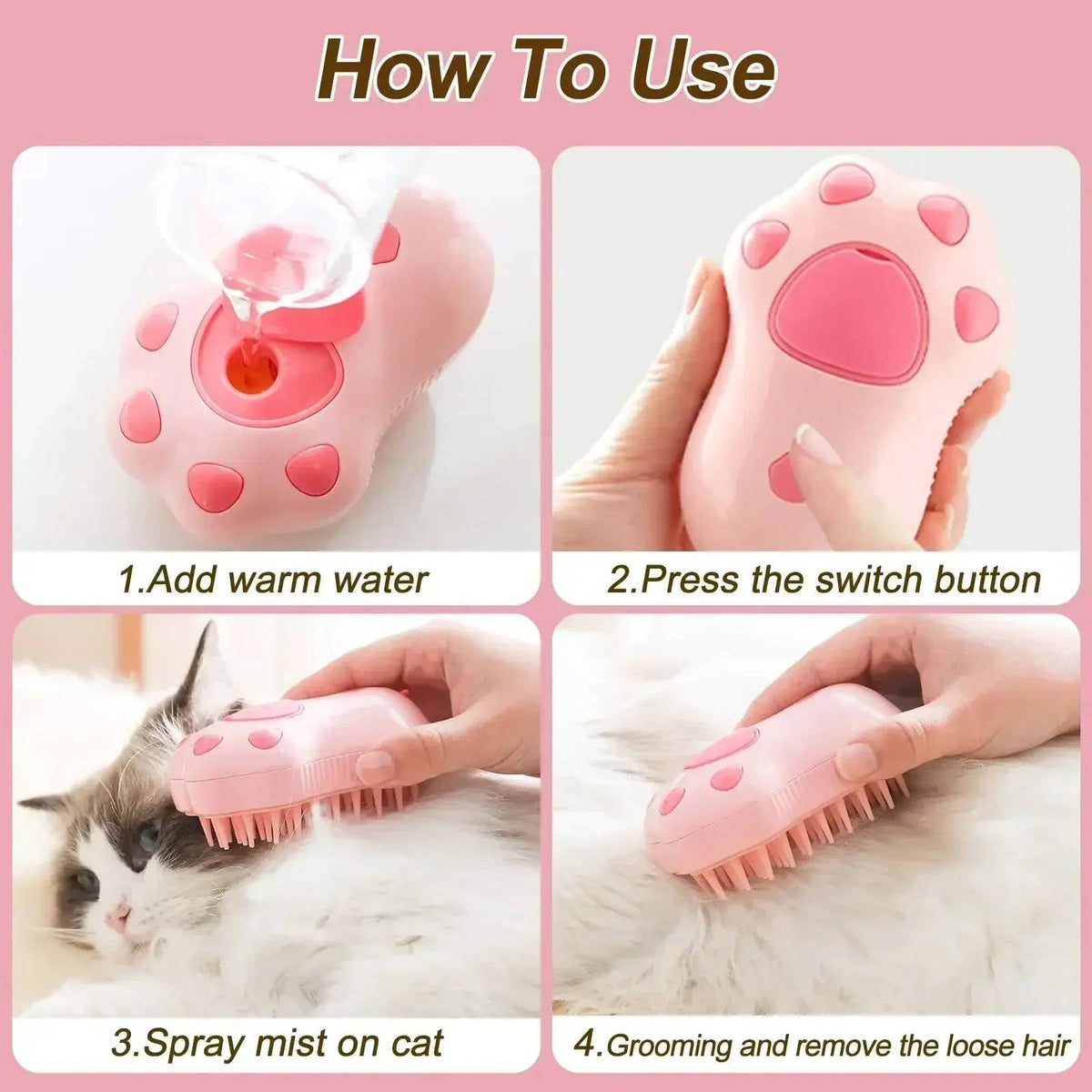 Steam Pet Brush – 3-in-1 Spray Grooming Brush for Shedding
