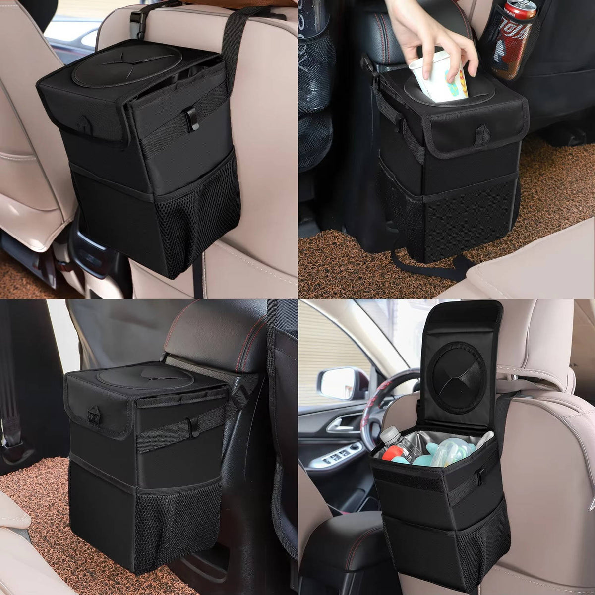 Leak-Proof Car Trash Can with Lid and Storage Pockets
