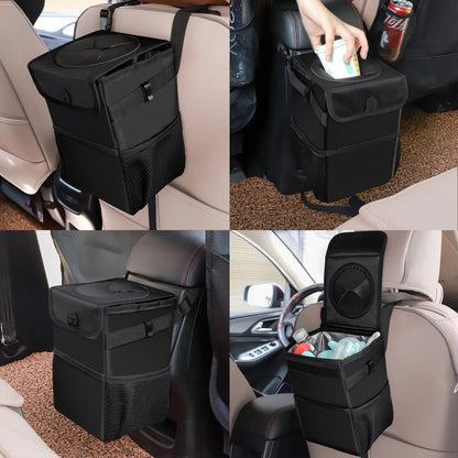 Leak-Proof Car Trash Can with Lid and Storage Pockets