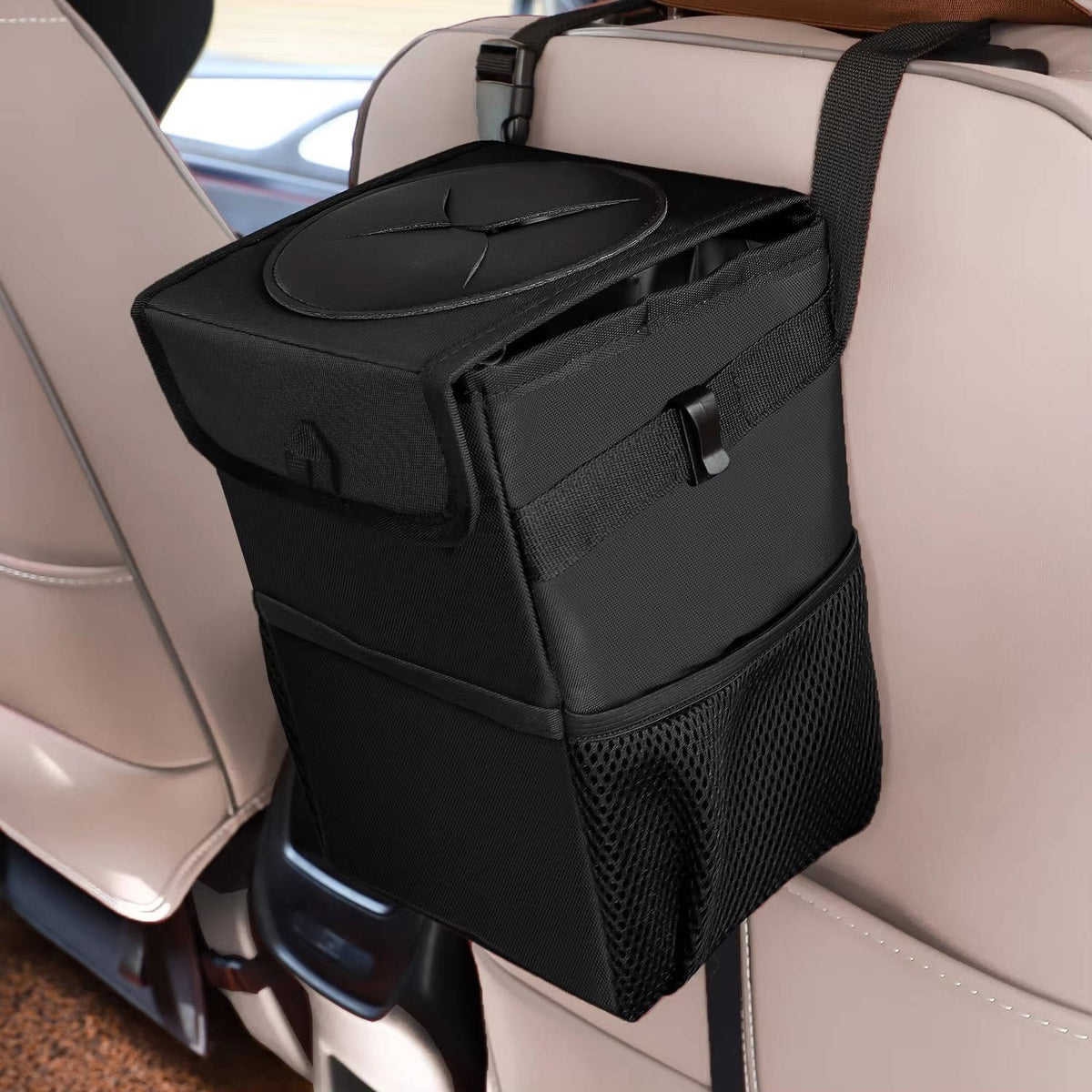 Leak-Proof Car Trash Can with Lid and Storage Pockets