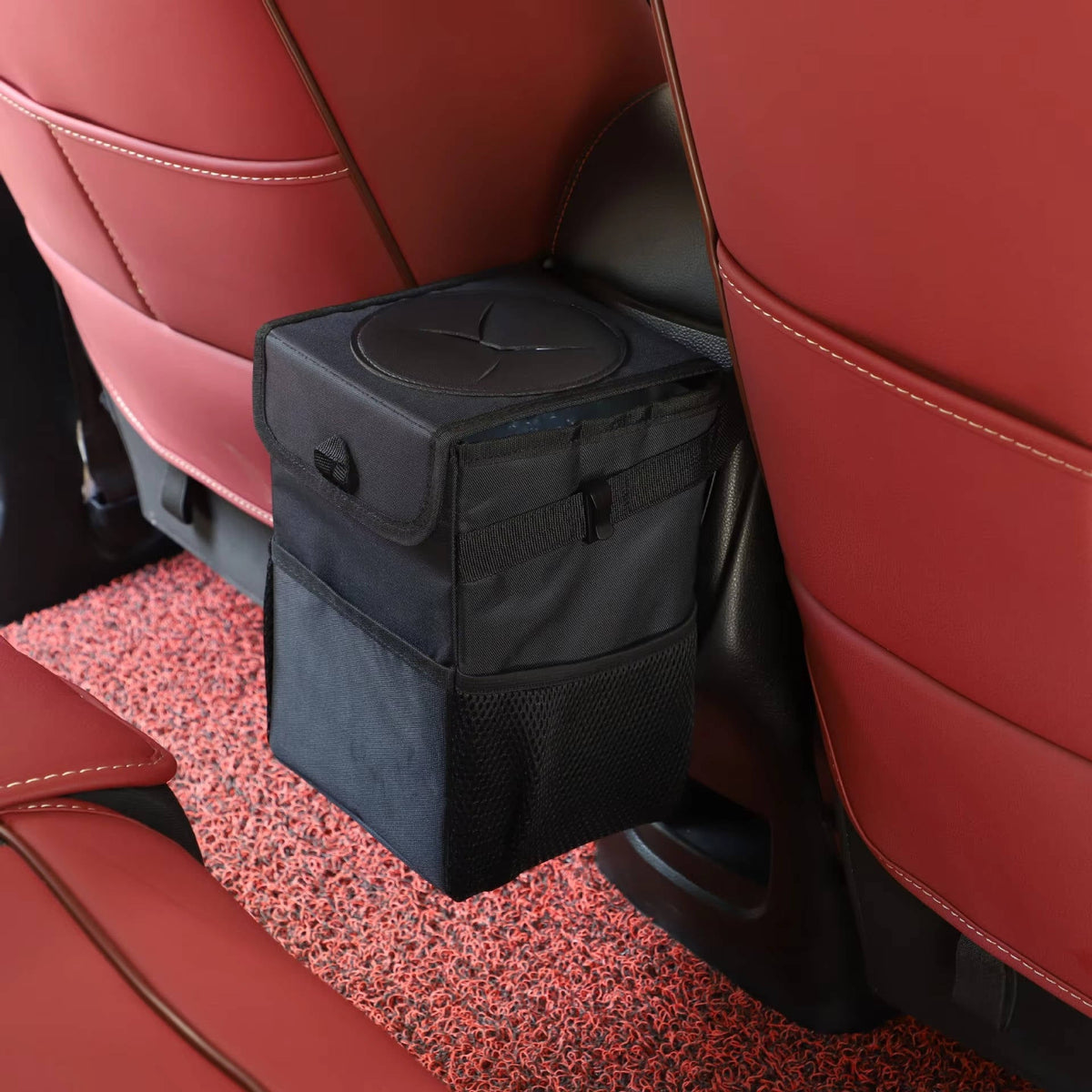 Leak-Proof Car Trash Can with Lid and Storage Pockets