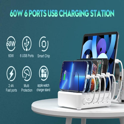 6-Port Charging Station Organizer for Multiple Devices