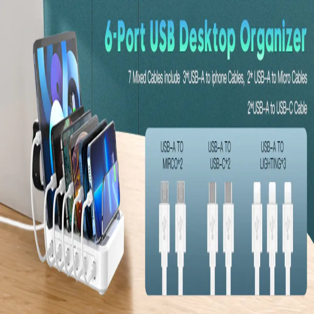 6-Port Charging Station Organizer for Multiple Devices