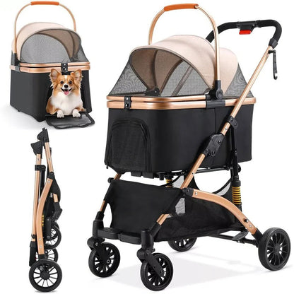 Foldable Pet Stroller with Detachable Carrier – 88 lb Capacity