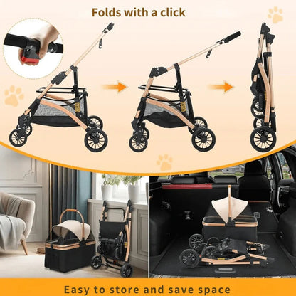 Foldable Pet Stroller with Detachable Carrier – 88 lb Capacity