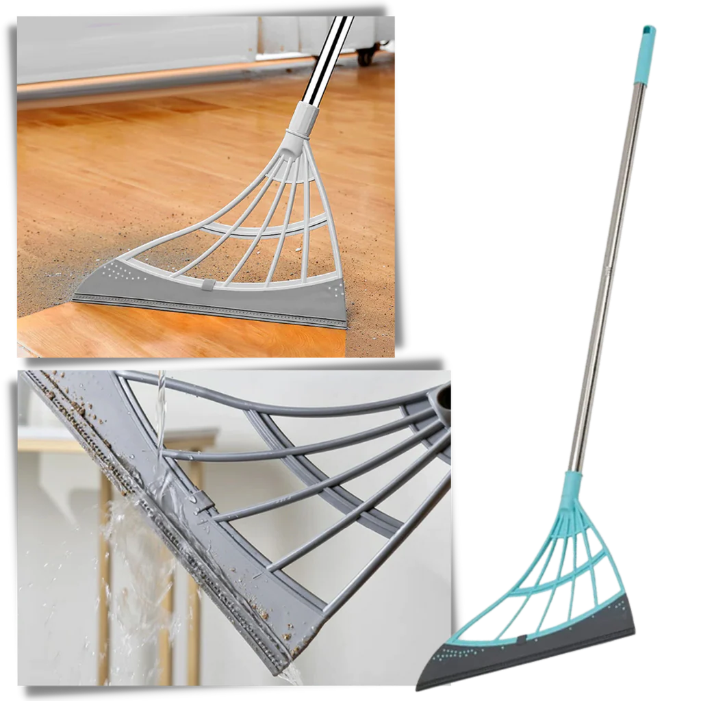 Rubber Broom with Squeegee – Extendable 53 Inch Handle
