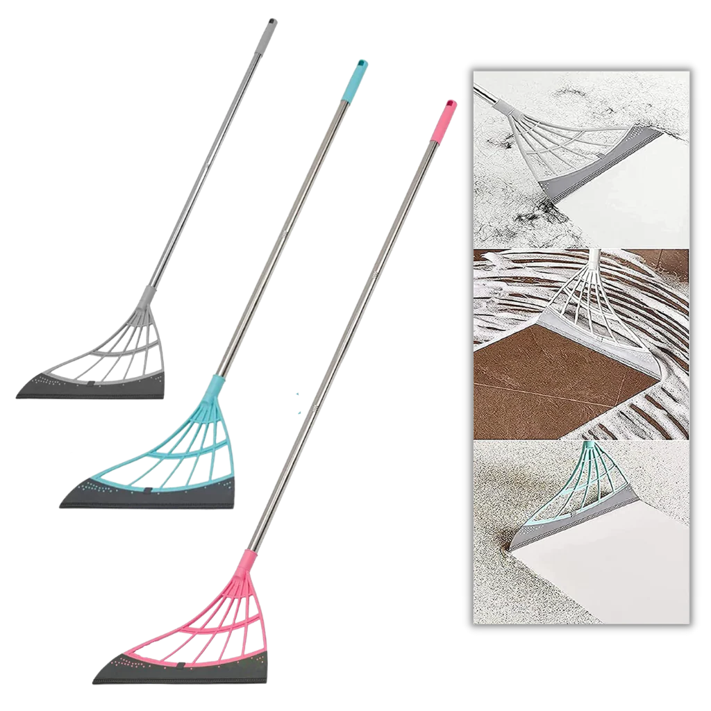 Rubber Broom with Squeegee – Extendable 53 Inch Handle